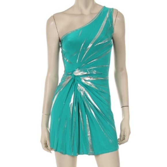 One Shoulder Teal/Foil Tunic Top/Mini Dress - Picture 1 of 6